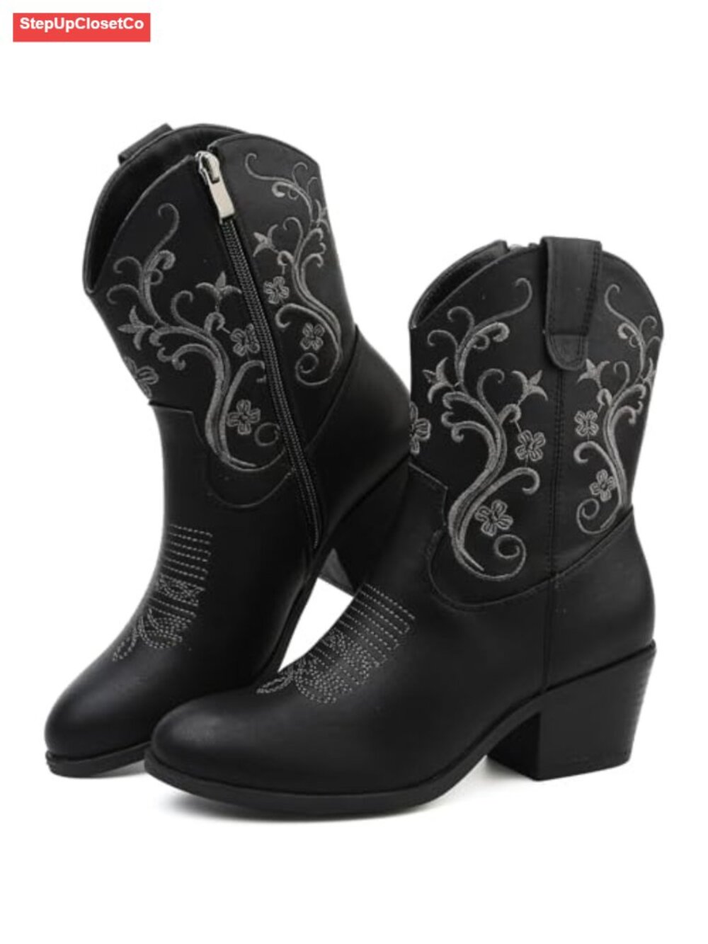 Women's Cowboy Boots Ankle Bootie Embroidered Side Zip Floral